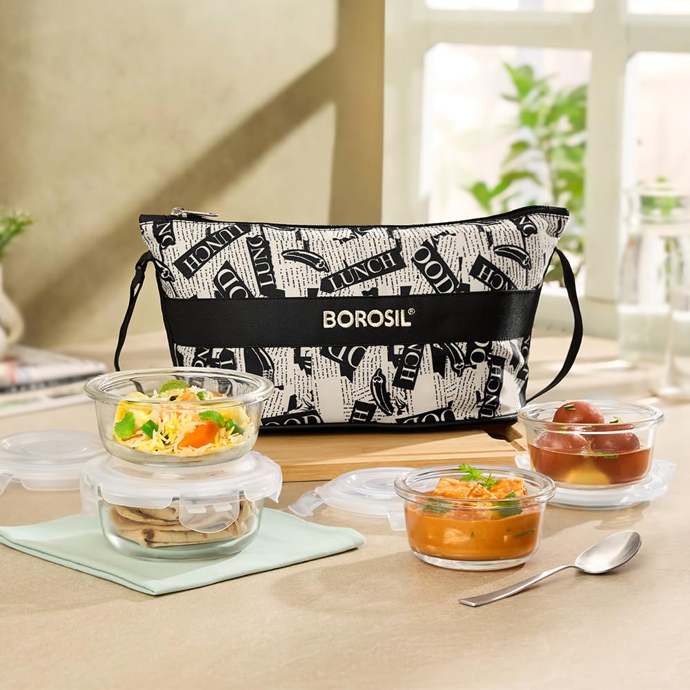Borosil Nostalgia Daisy Borosilicate Glass Lunchbox | 4 pc Round Container Set (320ml x 2 + 240ml x 2) | Microwave & Dishwasher Safe, Leakproof | Tiffin for Office, School, College | Transparent