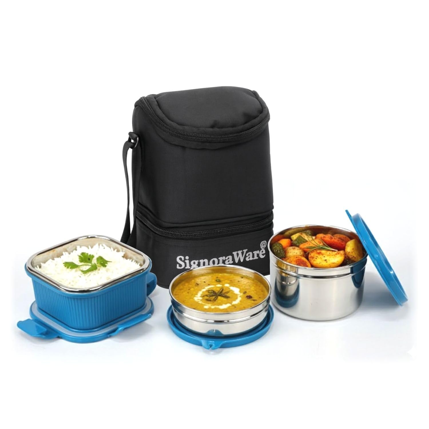 Signoraware Trio Stainless Steel Lunch Box, Set of 3, 500 ml+ 400 ml+ 200 ml, Blue