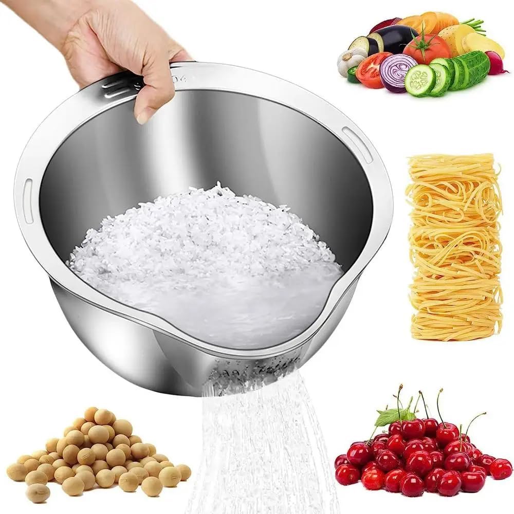 Stainless Steel Rice Washer Strainer Bowl | Multi-Purpose 4-in-1 Rice Rinser & Colander with Side Drainers | Washing Bowl for Rice, Dal, Pulses, Quinoa, Grains, Fruits & Vegetables | 27 cm