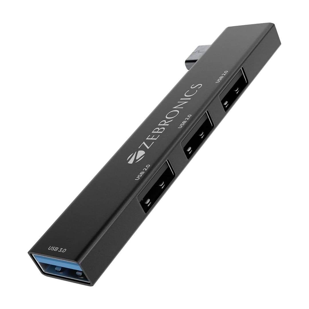 ZEBRONICS TA210U, 4 in 1 Type-C to USB Hub, USB 3.0, 4 USB Ports, Speeds Upto 5 Gbps, Metal Body, for Mac | Laptops, Black