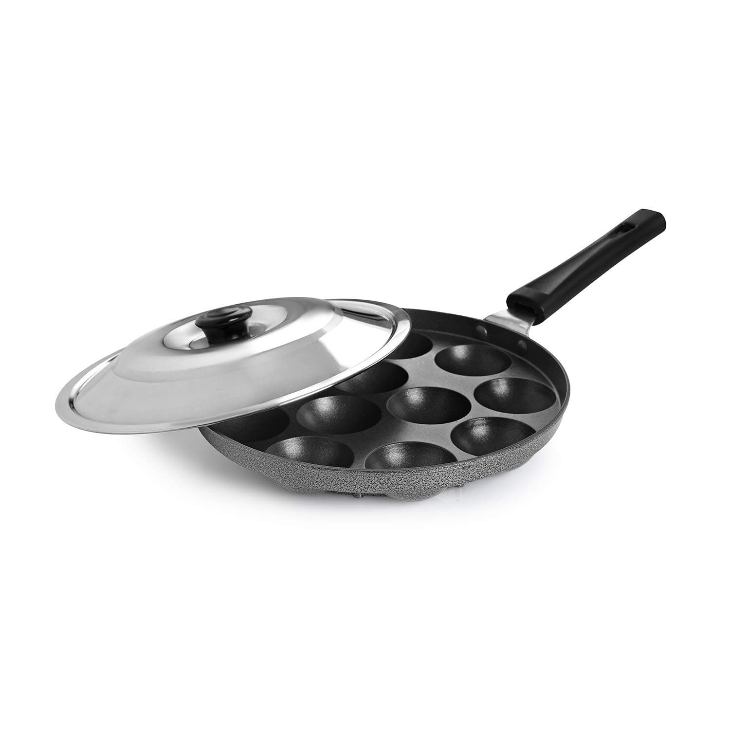 Cello Aluminium Nonstick 12 Cavity Appam Patra Pan with Steel Lid