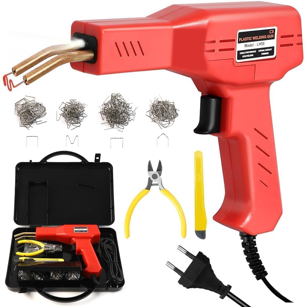 50 W Plastic Welding Repair Kit with Hot Stapler Gun, LED Work Light and 200 Stainless Steel Staples in 4 Types for Car Bumper, Dashboard and Plastic Crack Repair