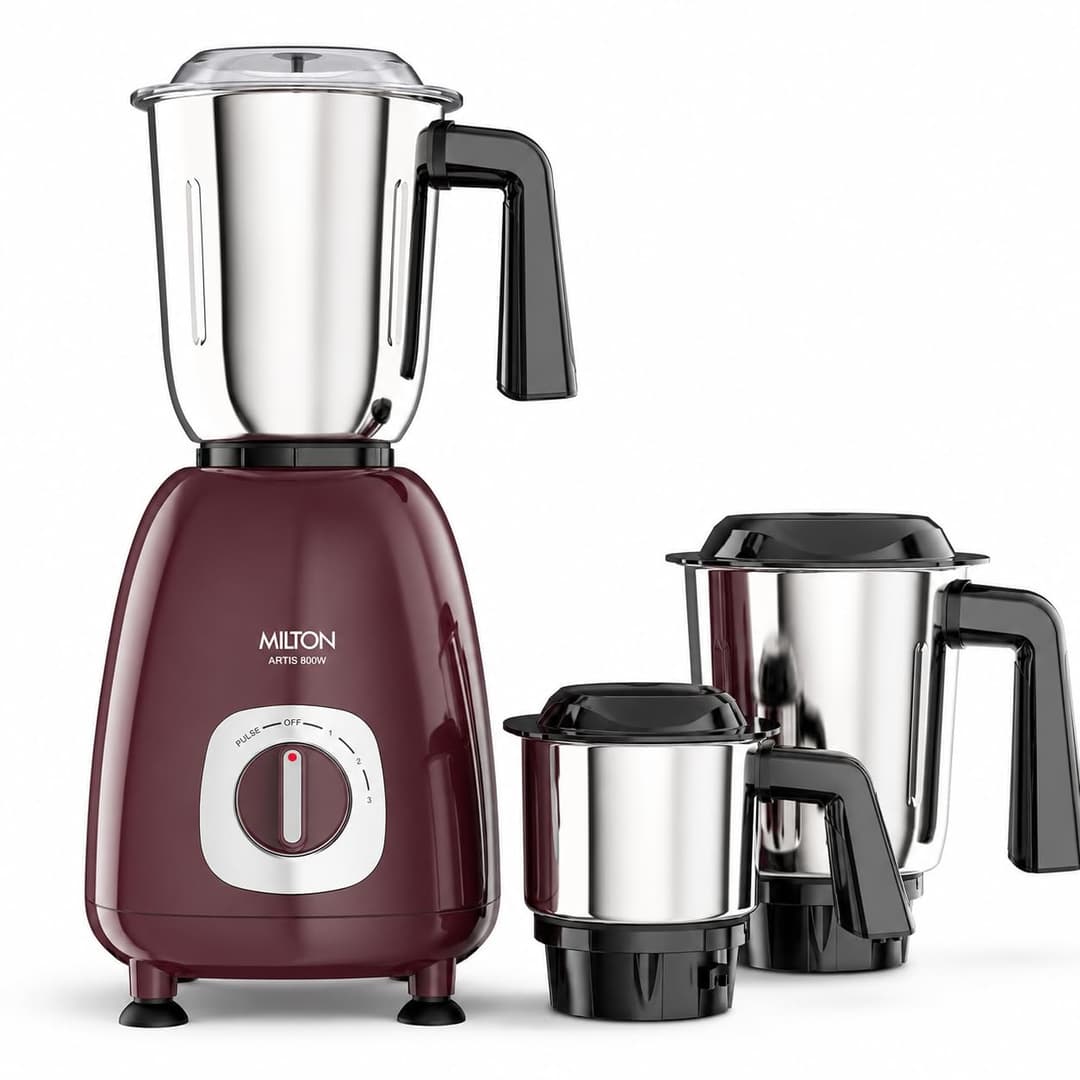 Milton Artis Mixer Grinder, ISI Certified, Grindstone Blade Technology, 3 Jar, 800 W (21000 RPM), 5 yr motor warranty, 2 yr product warranty I Wine