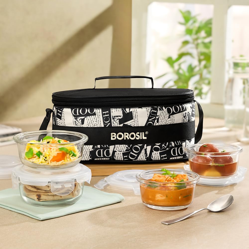 Borosil Nostalgia Universal Borosilicate Glass Lunchbox | 4 pc Round Container Set (320ml x 2 + 240ml x 2) | Microwave & Dishwasher Safe, Leakproof | Tiffin for Office, School, College | Transparent