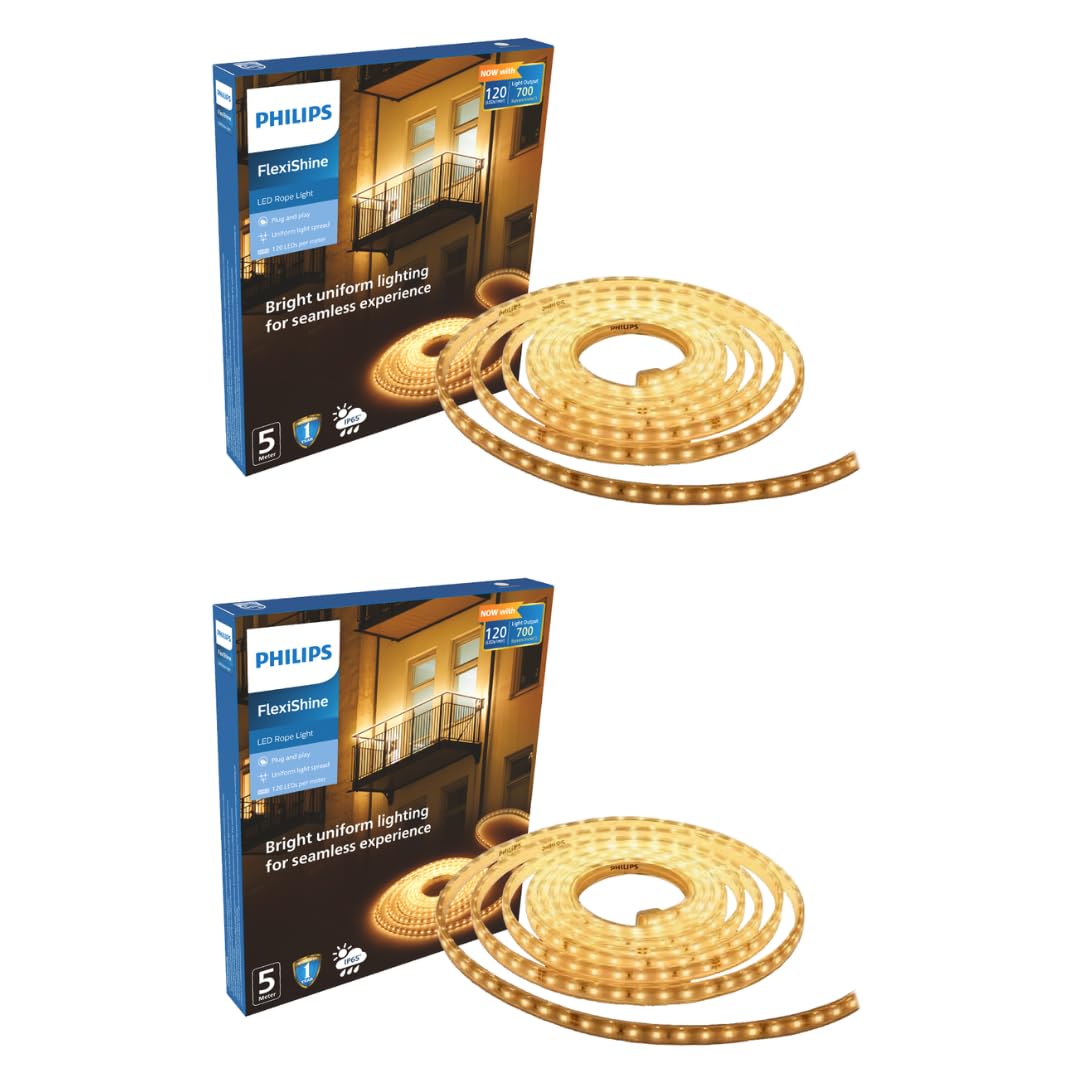 PHILIPS FlexiShine LED Strip Light 5M | 8 Watt per Meter | 120 LEDs/m | IP65 Waterproof LED Rope Light for Outdoor Balcony Garden Pathway Lighting | Flexible Decorative Lighting | Warm White Pack of 2