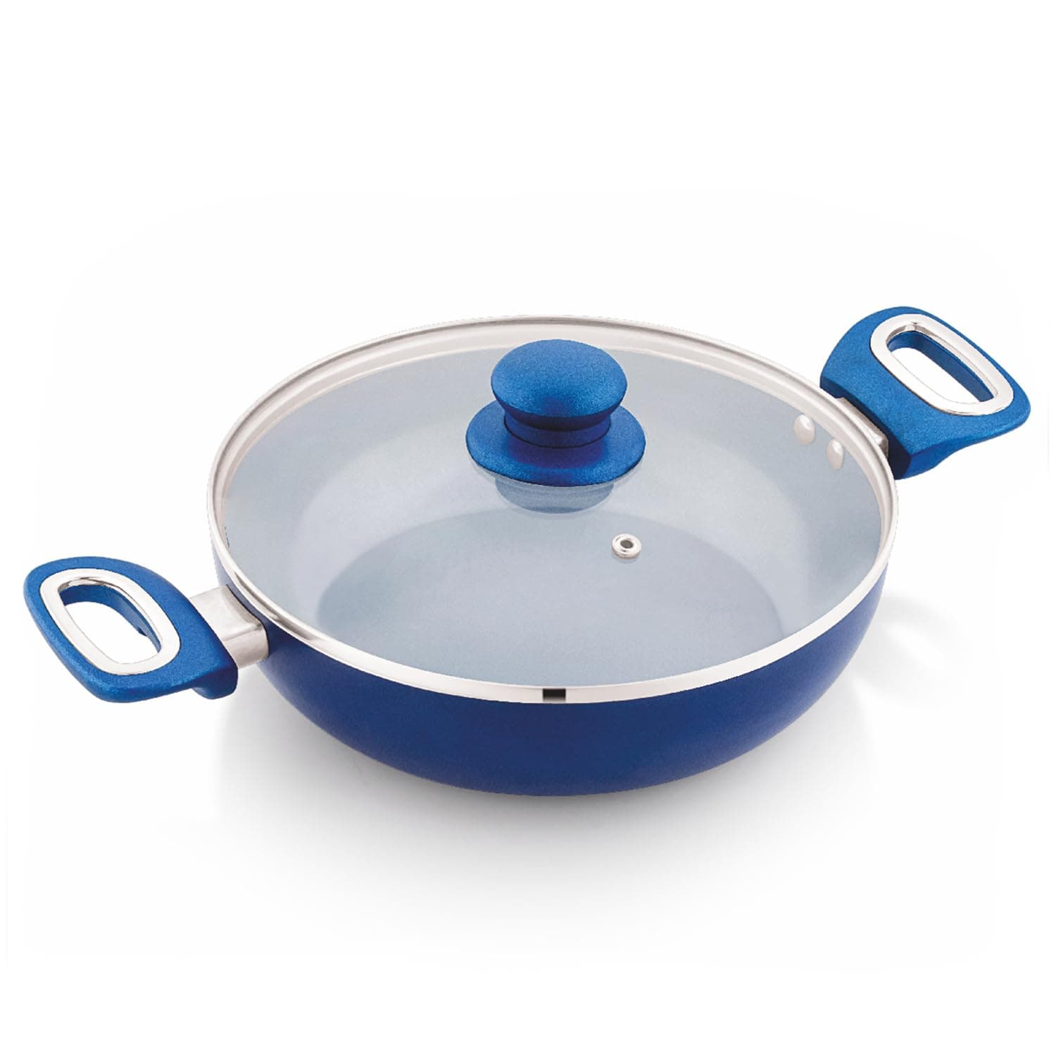 Amazon Brand - Solimo Blue Ceramic Non Stick Induction Base Deep Kadai 24Cm with Glass Lid