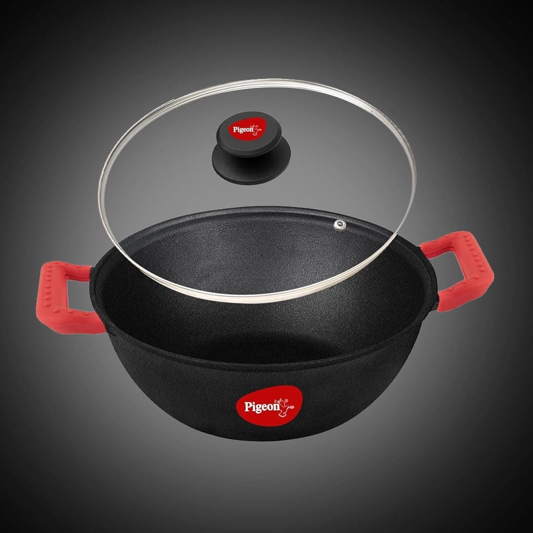 Pigeon by Stovekraft Pre-Seasoned Cast Iron Kadai with Glass Lid (20 cm)