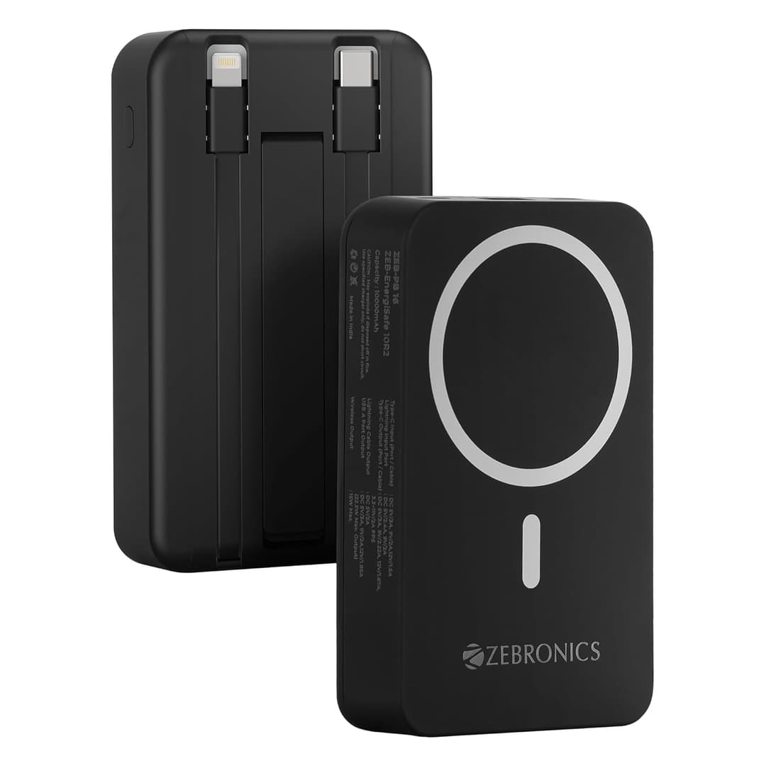 ZEBRONICS EnergiSafe 10R2 || 10000mAh MagSafe Wireless Power Bank | 15W Wireless & 22.5W PD (PPS) Fast Charging | Built-in Stand | Type-C & Lightning Cable | 5× Outputs | for iPhone & AirPods (White)