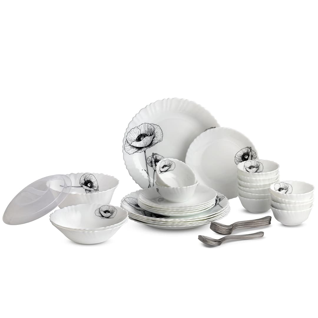 Cello Wild Poppy Dazzle Series Opalware Dinner Set of 40 Pieces