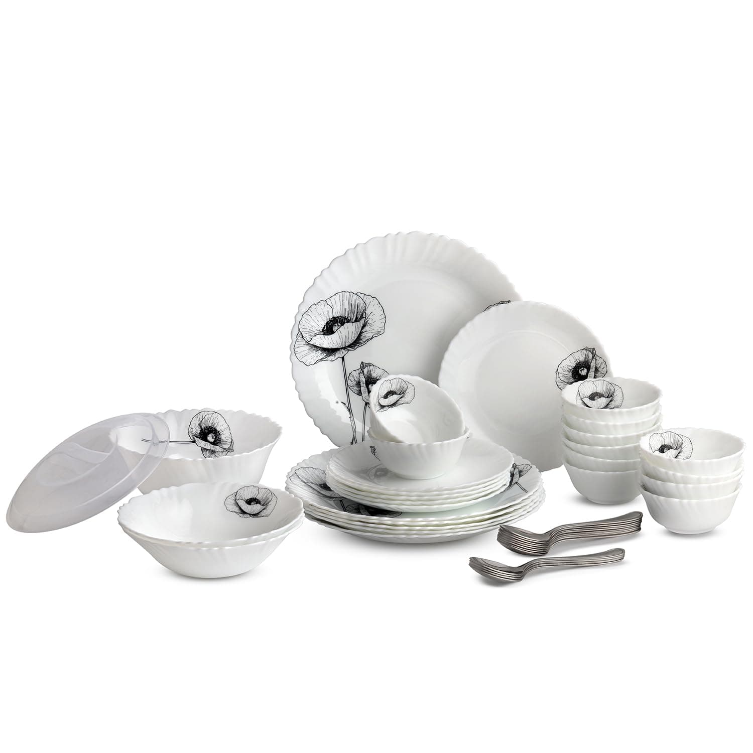 Cello Wild Poppy Dazzle Series Opalware Dinner Set of 40 Pieces
