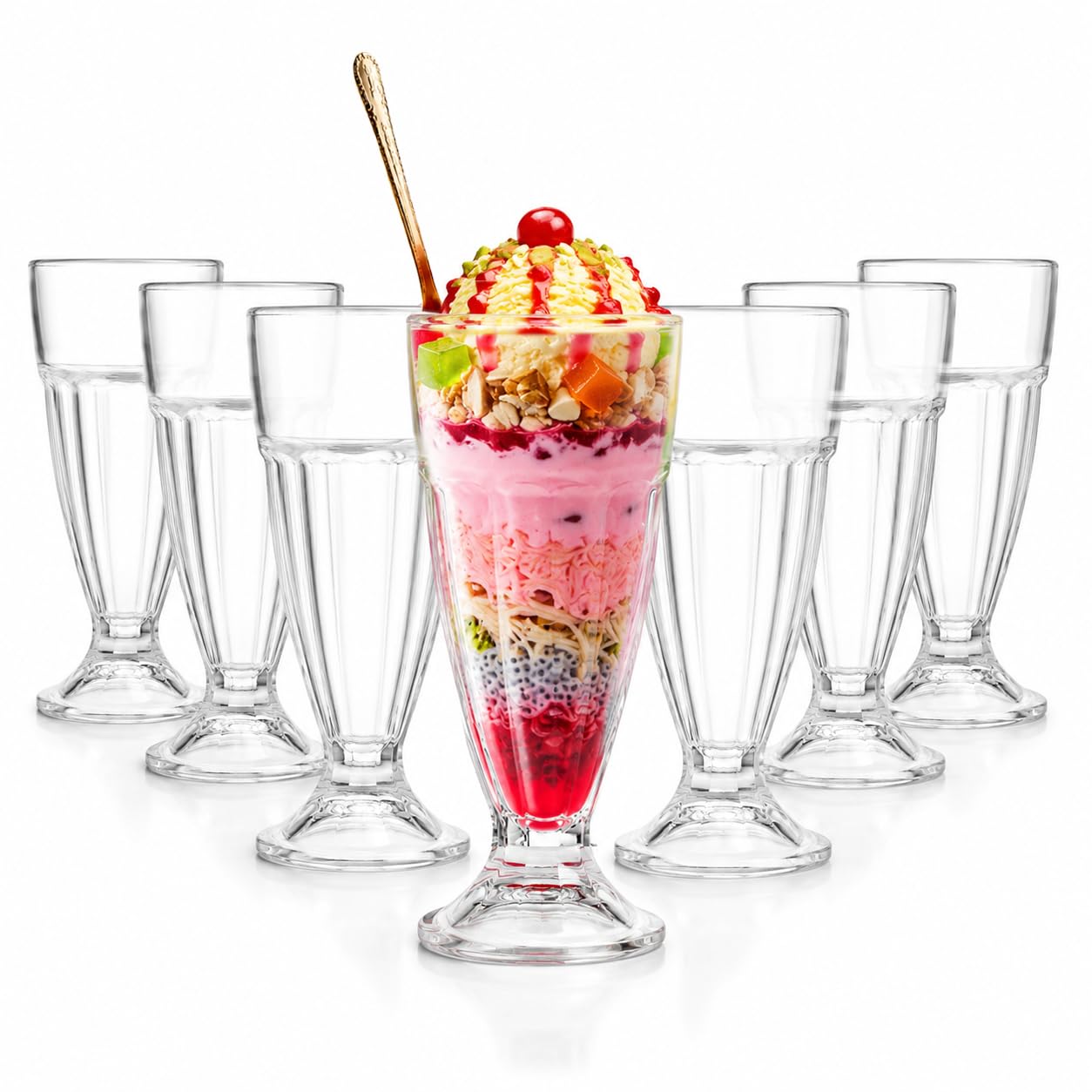 CELLO Falooda Glass Set of 6 Pcs 300ml, Transparent | Freezer & Fridge Safe, Leadfree Dishwasher Safe Toughened Crystal Clear Glasses Set for Drinking Juice Milkshake Cocktail Mocktail Coldrinks Soda