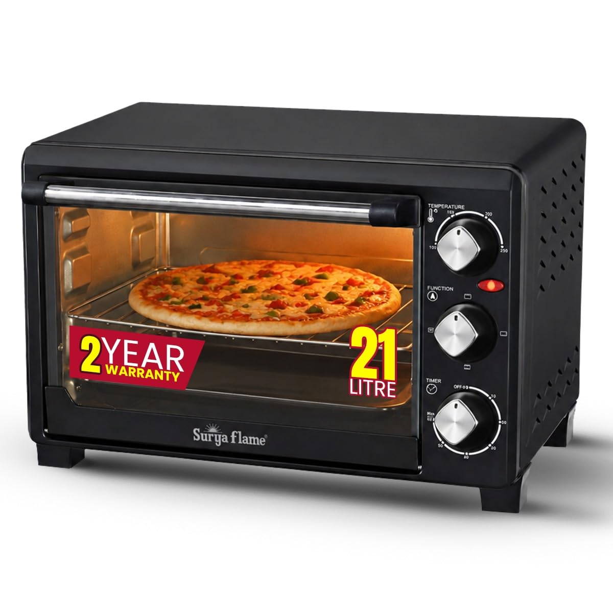 Surya Flame Zolo 21L OTG Oven for Kitchen, 1200W Compact Toaster Griller for Baking Pizza, Cake, Grilling | Auto-Shut Off with Ready Bell | Multi-Stage Heat Selection & Timer | 2 Year Warranty