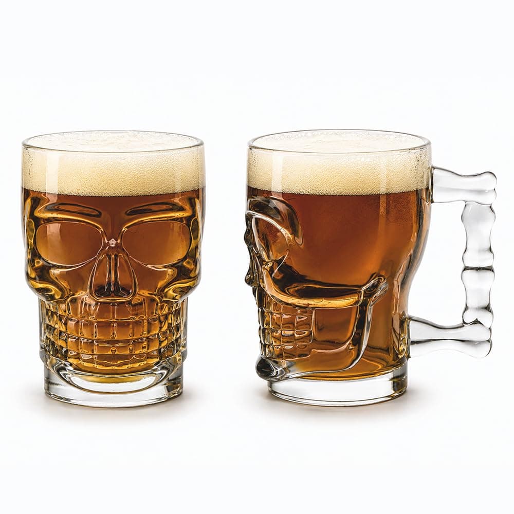 CELLO Skull Glass Beer Mug with Handle Set of 2 Pieces, 520 ml Transparent | Freezer & Fridge Safe, Durable Leadfree Dishwasher Safe Toughened Glass Mug for Serve Beer, Cocktail Mocktail & Beverages