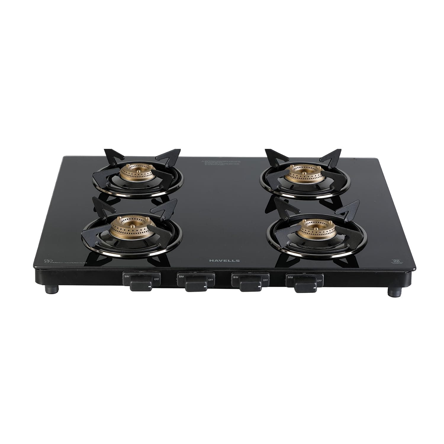 Havells GEOSLIM Gas stove | 4 Heavy Duty Forged Brass Burner | 6 mm Toughened Glass | Premium Valves | Removable Drip Tray | Soft Touch Knobs | 5 year Warranty on Burners, Glass & Valves by Havells (Black)