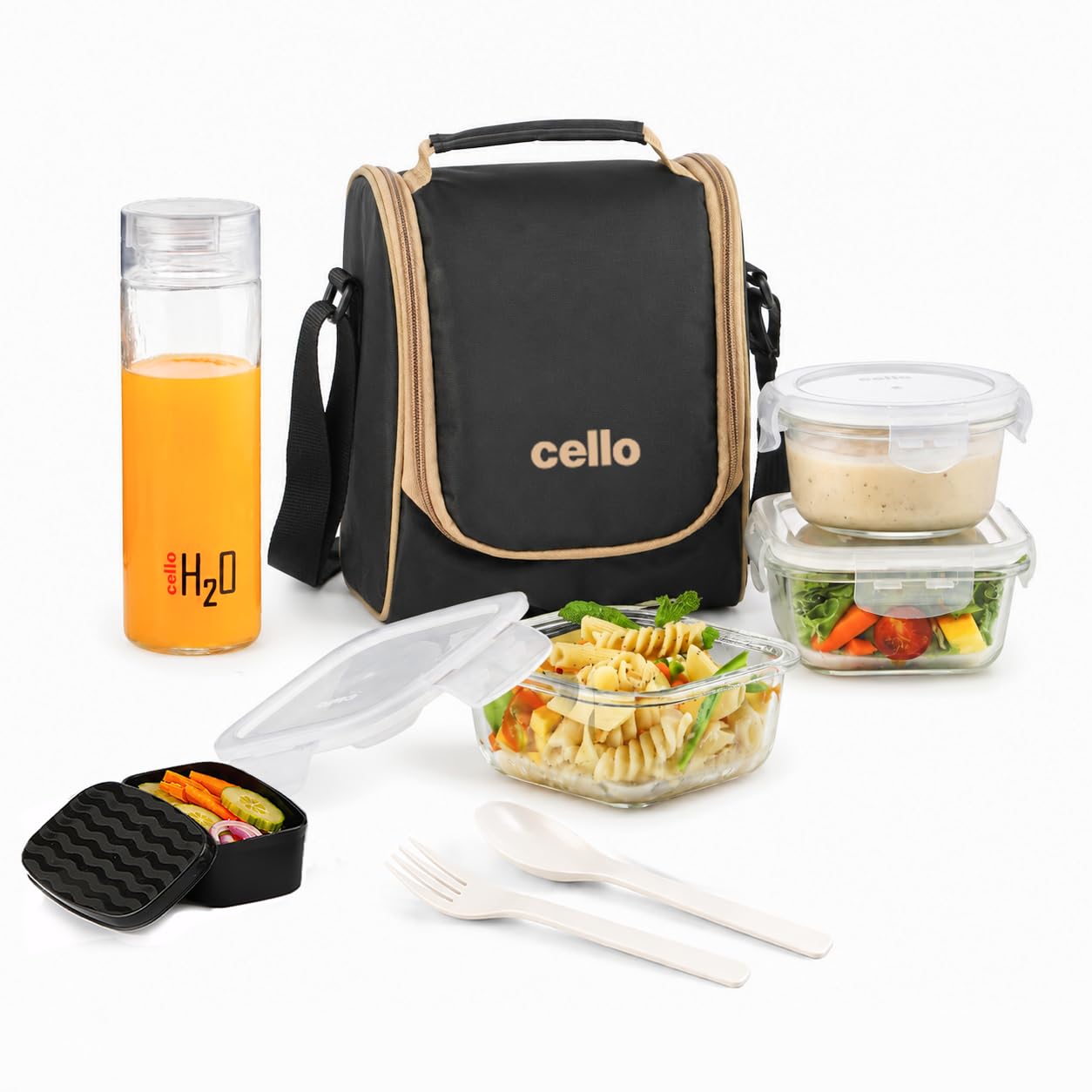 CELLO All in One Glass Lunch Box for Office Use, Black | 2 x 320ml Square, 1 x 240ml Round, 130ml Oval Containers, Spoon & Fork with 550ml Water Bottle Leak Proof Glass Tiffin Box Set for Travel
