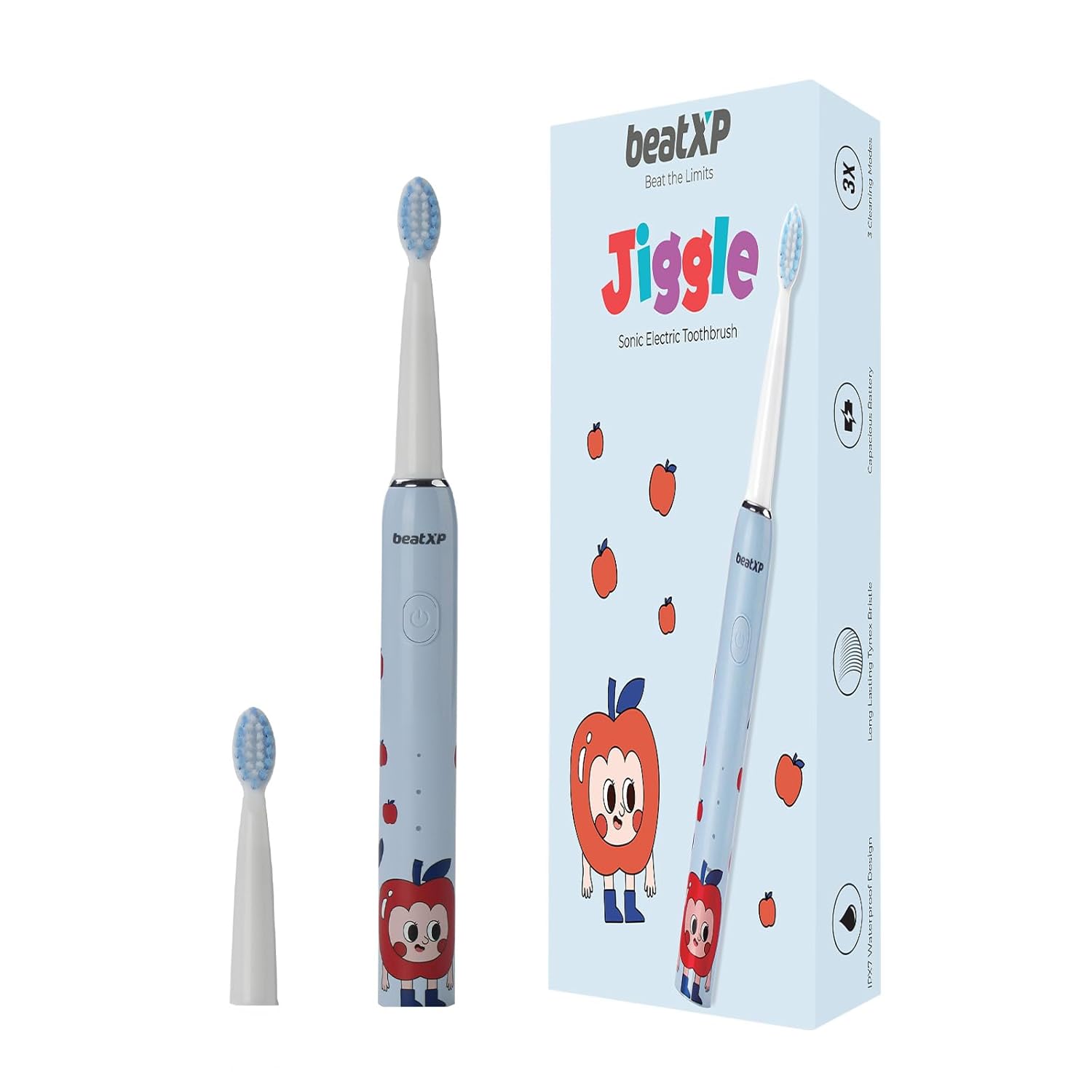 beatXP Jiggle Sonic Electric Toothbrush for Kids with 2 Brush Heads & 3 Cleaning Modes | Rechargeable Electric Toothbrush | 20500 strokes/min with Long Battery Life (Snoozy Blue)