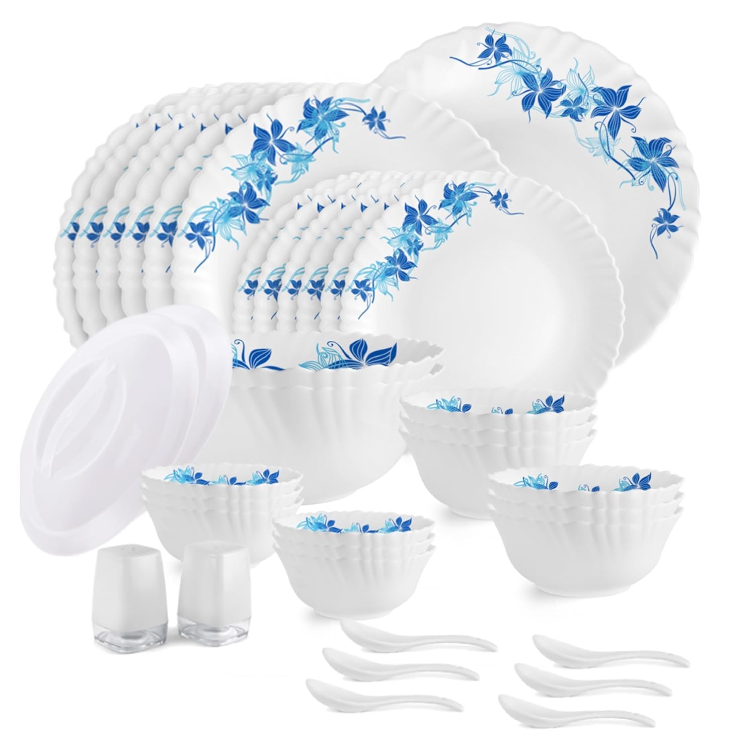 CELLO Blue Swirl Dazzle Series Opalware Dinner Set of 37 Pieces for Family of 6 | Bone-Ash Free & Leadfree Opal Glass, Microwave & Dishwasher Safe, Plates & Bowls Crockery Set for Dining & Gifting