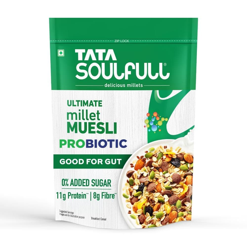 Tata Soulfull Ultimate Millet Muesli Probiotic, 350g | High Protein & High Fibre Breakfast Cereal | 0% Added Sugar | Made with Millets, Rolled Oats, Nuts & Seeds | Supports Gut Health