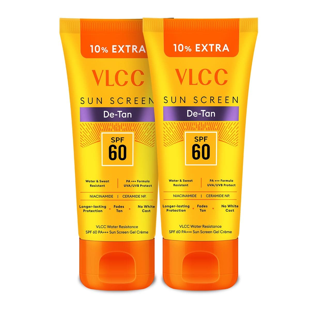 VLCC De-Tan Sunscreen Gel Crème SPF 60 PA+++, 100g+10g Extra (Pack of 2) | Water Resistant | With Niacinamide, Ceramides & Vitamin E | Protects from UVA/UVB Rays, Tanning & Premature Aging