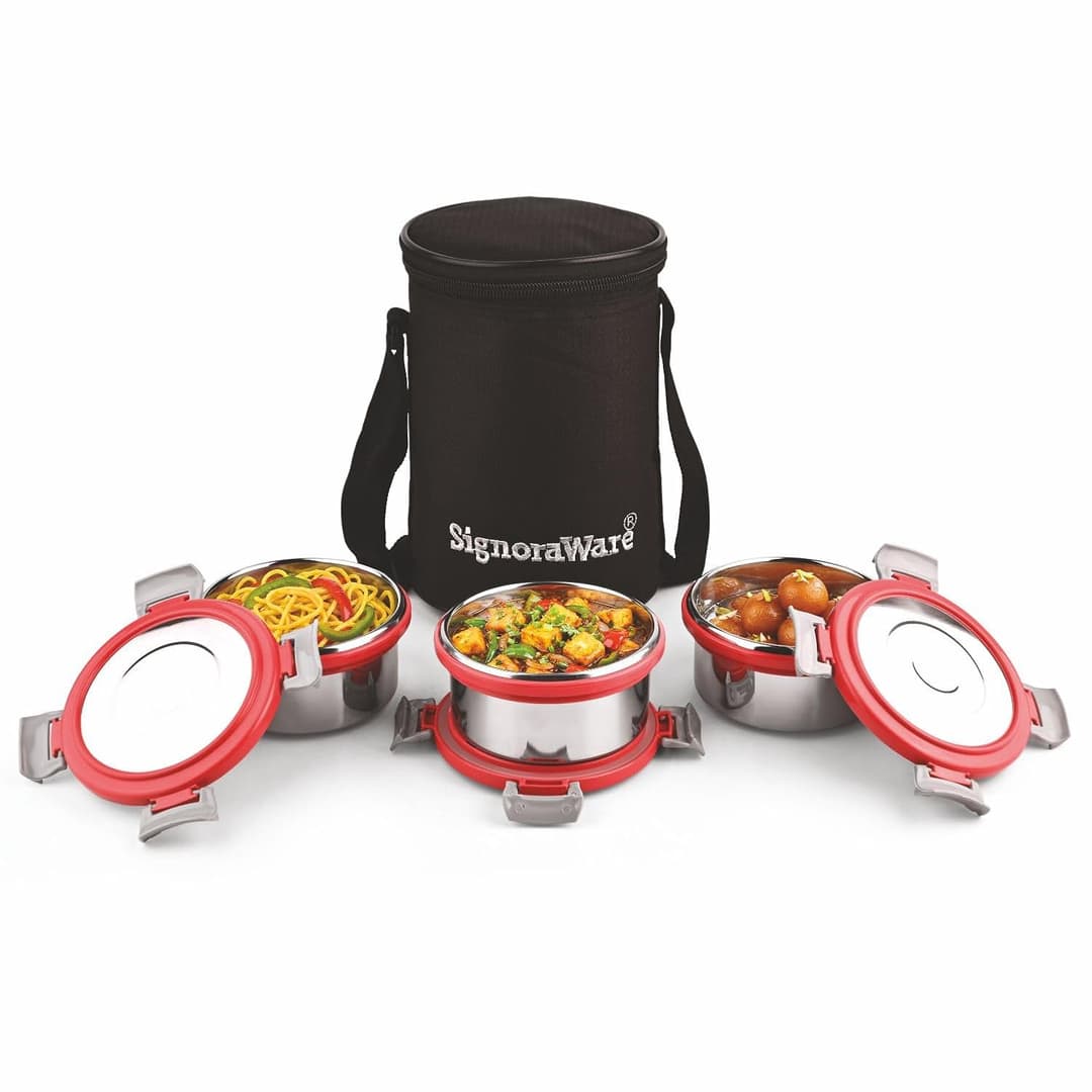Signoraware Meal Mate Steel Lunch Box with Bag 350ml x 3