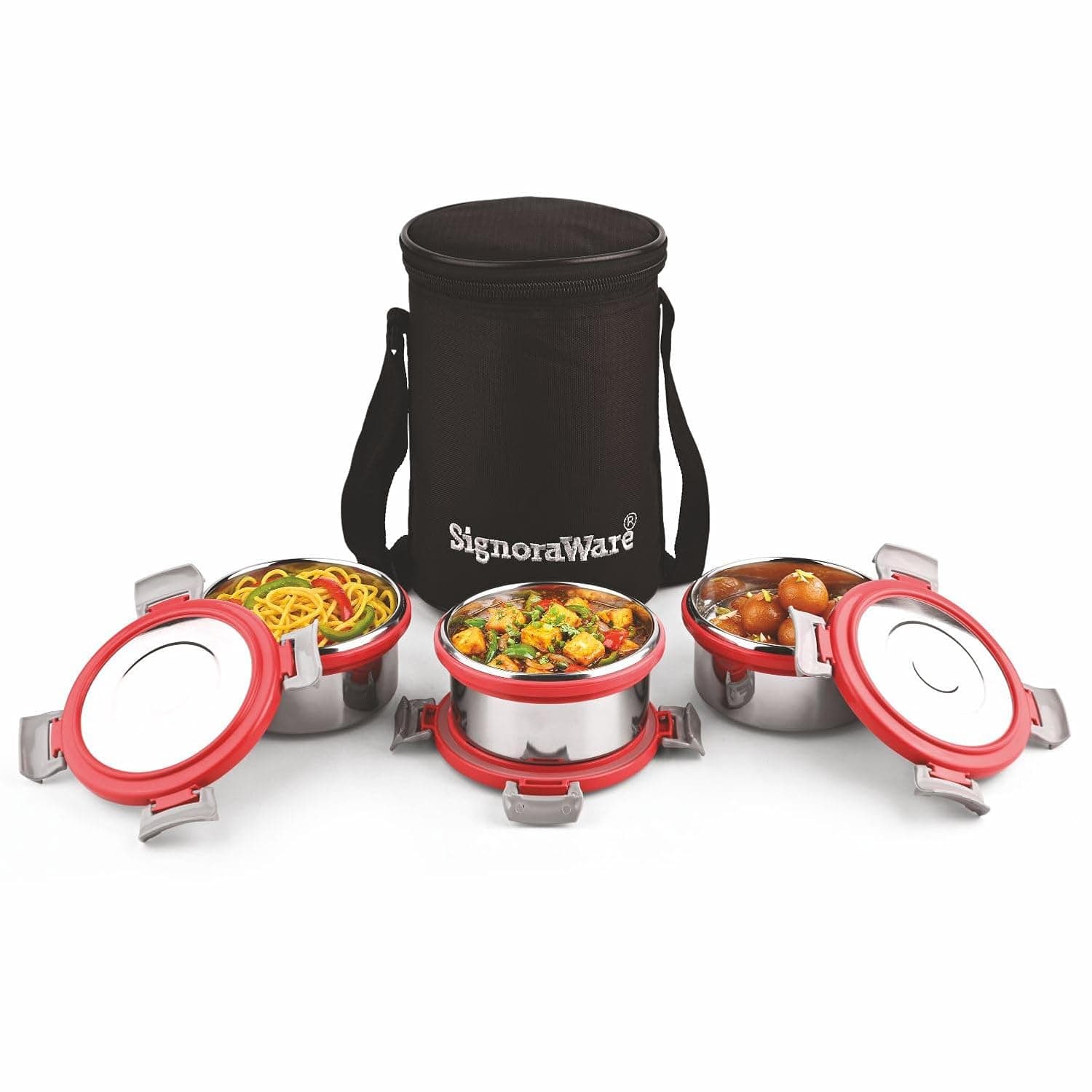 Signoraware Meal Mate Steel Lunch Box with Bag 350ml x 3