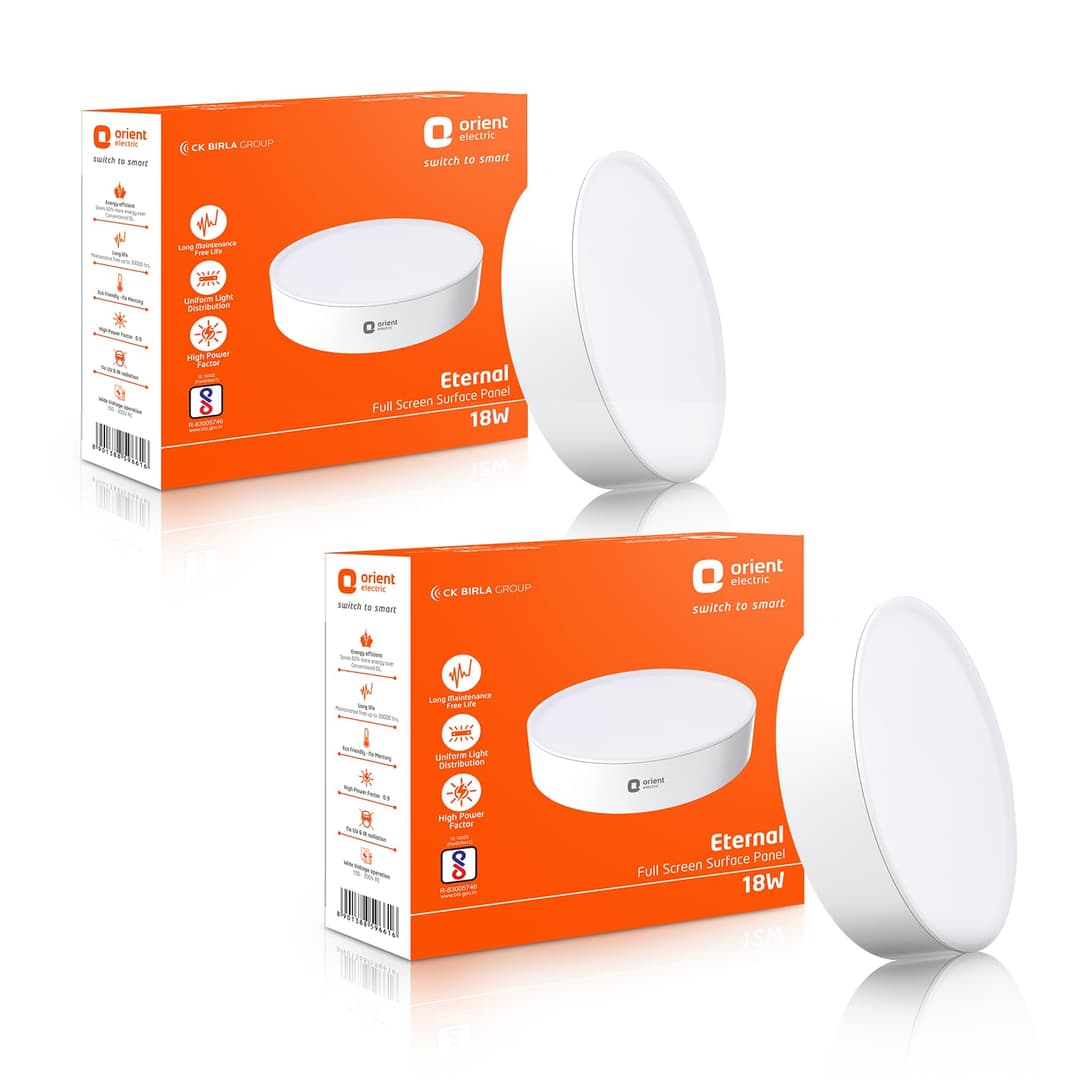 Orient Electric 18W Rimless Round LED Full Screen Surface Panel Light | 6500K, Cool White| Surface Ceiling LED Light (No False Ceiling Required)| Pack of 2