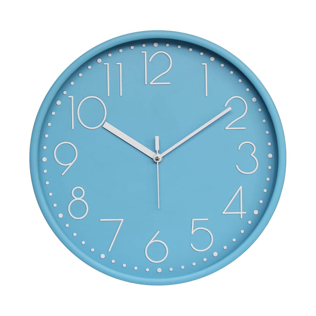 Amazon Brand - Solimo 12-Inch Quartz Plastic Analog Wall Clock | Silent Sweep Movement | Pastel Shade | Embossed Numbers | Glass Cover | Sea Blue | Contemporary Design