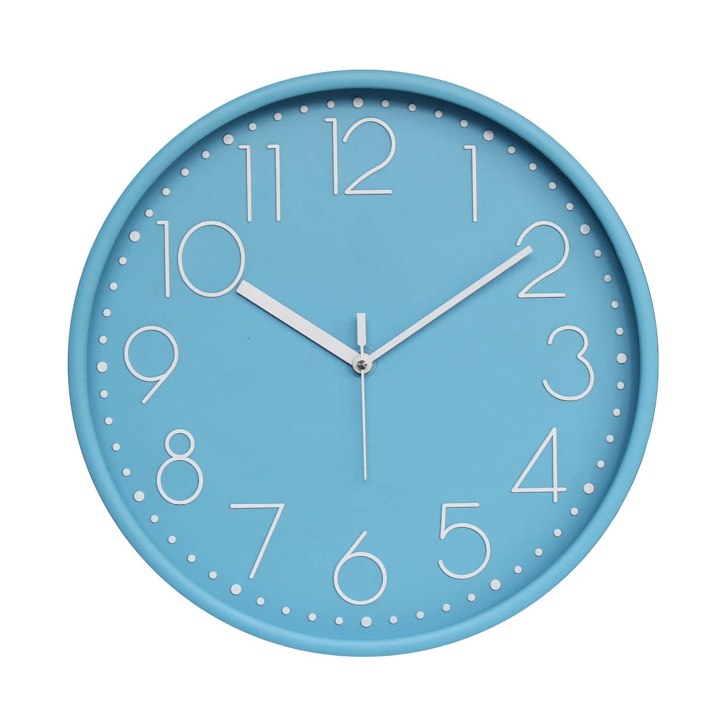 Amazon Brand - Solimo 12-Inch Quartz Plastic Analog Wall Clock | Silent Sweep Movement | Pastel Shade | Embossed Numbers | Glass Cover | Sea Blue | Contemporary Design