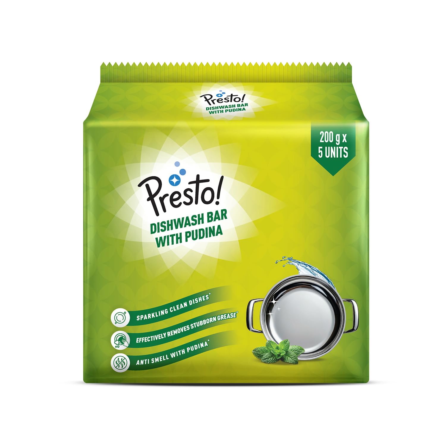 Amazon Brand - Presto! Dishwash Bar - Pudina | 200g | 5 Bars Each X Pack of 1 | Removes Tough Grease | Fresh Pudina Fragrance | Gentle on Hands