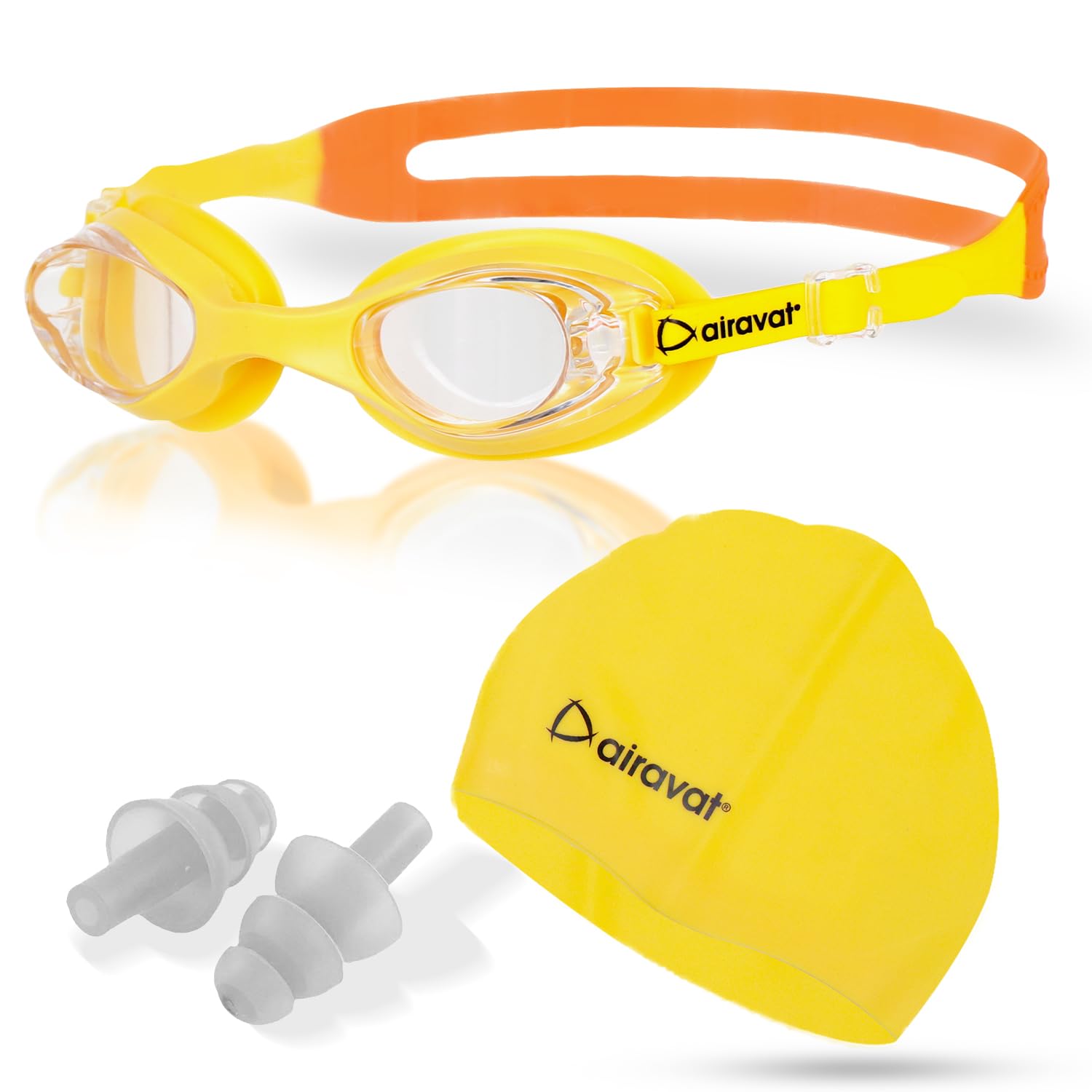 AIRAVAT Hydro 0027 Swimming kit, Swimming Set With Swimming Goggle Nose & Ear Plug And Swim Cap | Optic Quality Poly carbonate Lenses, 100% UV Protection Anti-fog Coated, Ultra Durable (Yellow)