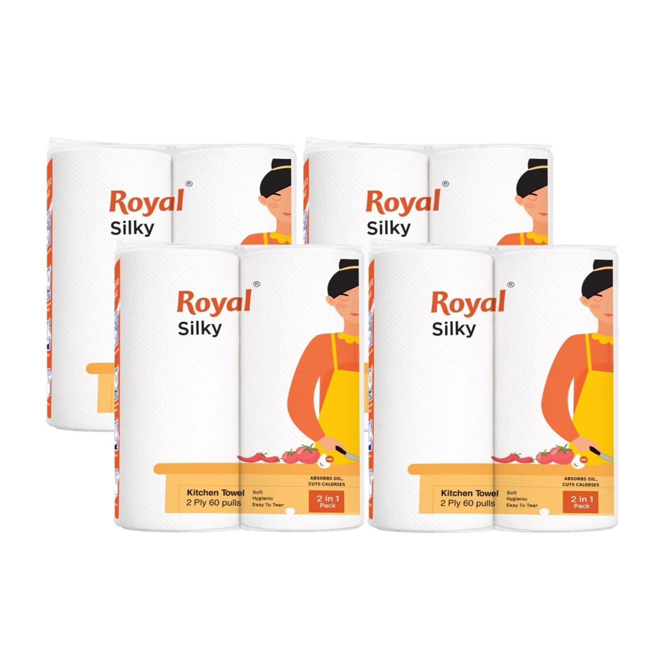 Royal Silky Kitchen Tissue Rolls - 480 Pulls | 60 Kitchen Towels X 8 Rolls | 2-Ply Soft & Strong Kitchen Paper Towel | Highly Absorbent Disposable Kitchen Tissue | 2 rolls x Pack of 4