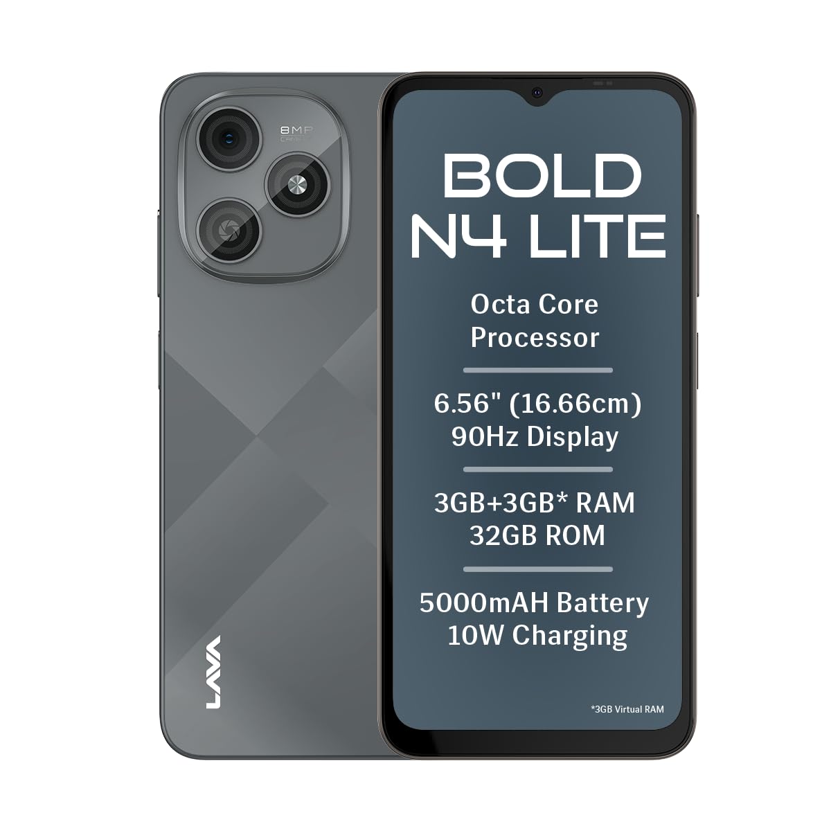 Lava Bold N4 Lite (Ghost Silver, 3GB RAM, 32GB Storage) | 6.56" HD+ Display | 8MP Rear Camera | 5000 mAh Battery | Free Service @ Home | Fingerprint Reader | Charger & Phone-Cover in Box