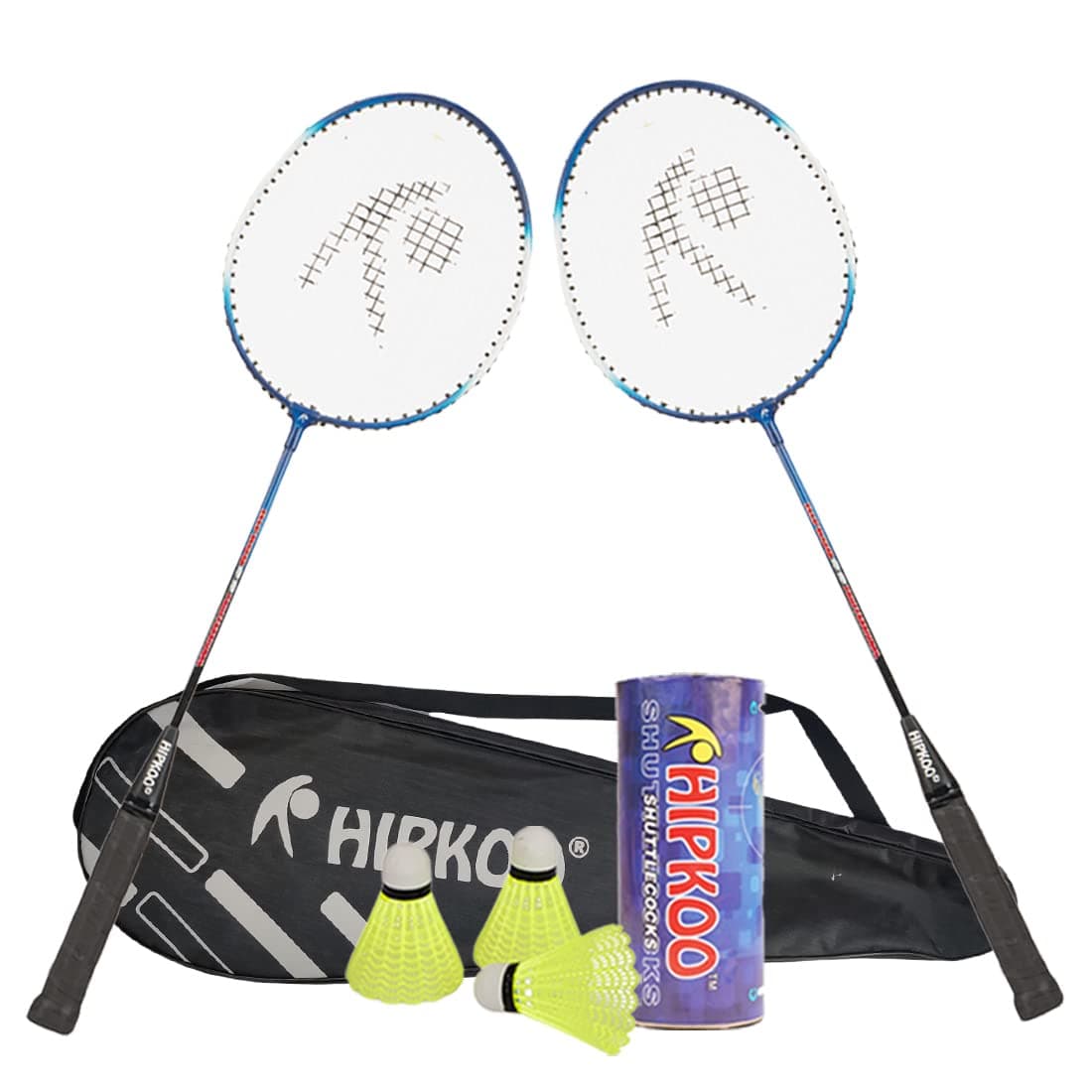 Hipkoo Sports Intact Aluminum Badminton Rackets Set of 2 | Wide Body Shuttle Bat with Cover and 3 Shuttlecocks | Ideal for Beginner | Lightweight and Sturdy | Blue and Red