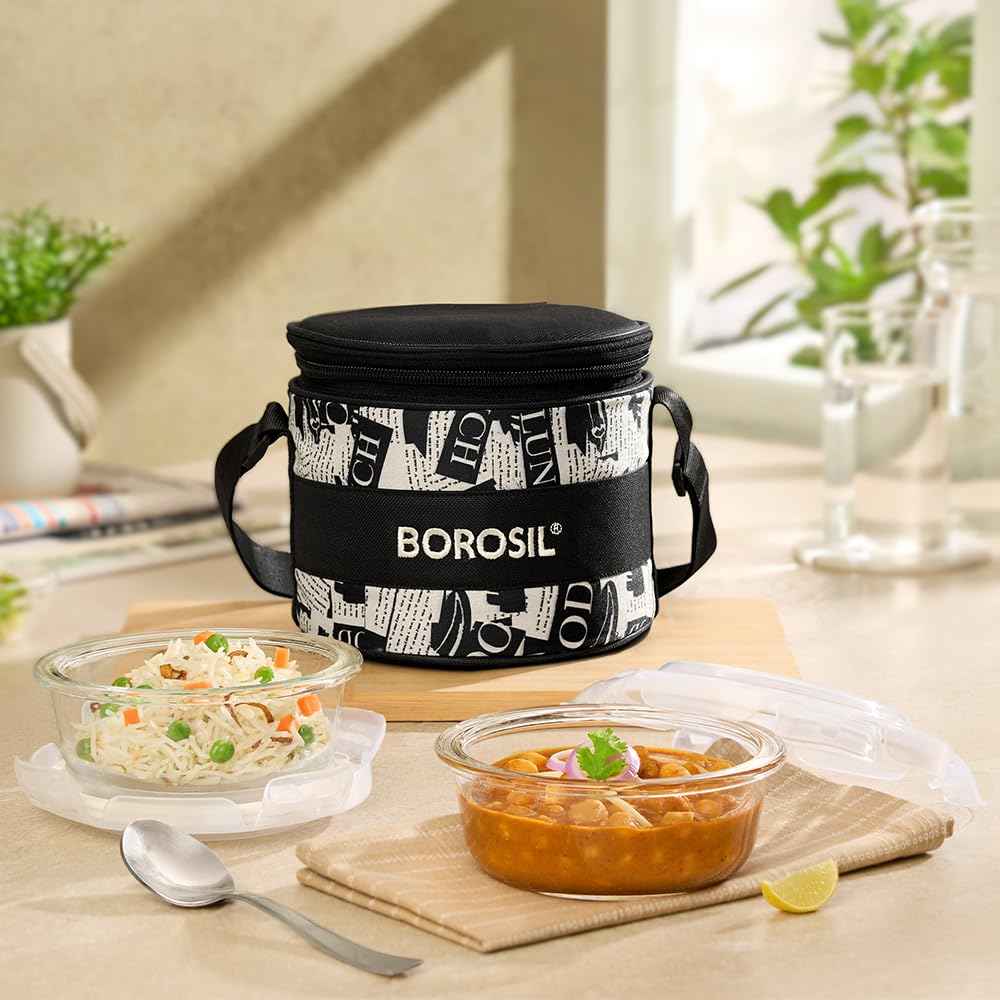 Borosil Nostalgia Borosilicate Glass Lunchbox with Bag | 2 pc Round Container Set (320 ml Each) | Microwave & Dishwasher Safe, Leakproof | Tiffin for Office, School, College | Vertical