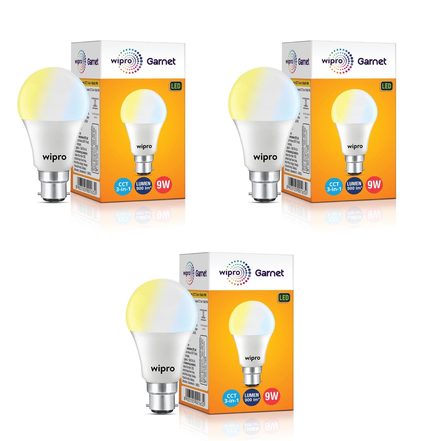 wipro Garnet 9W CCT 3-in-1 LED Bulb for Home & Office | Mood Lighting for ambiance | 240 Degree wide Coverage | 4 KV In-built Surge Protection, 420 V High Voltage Protection | Pack of 3