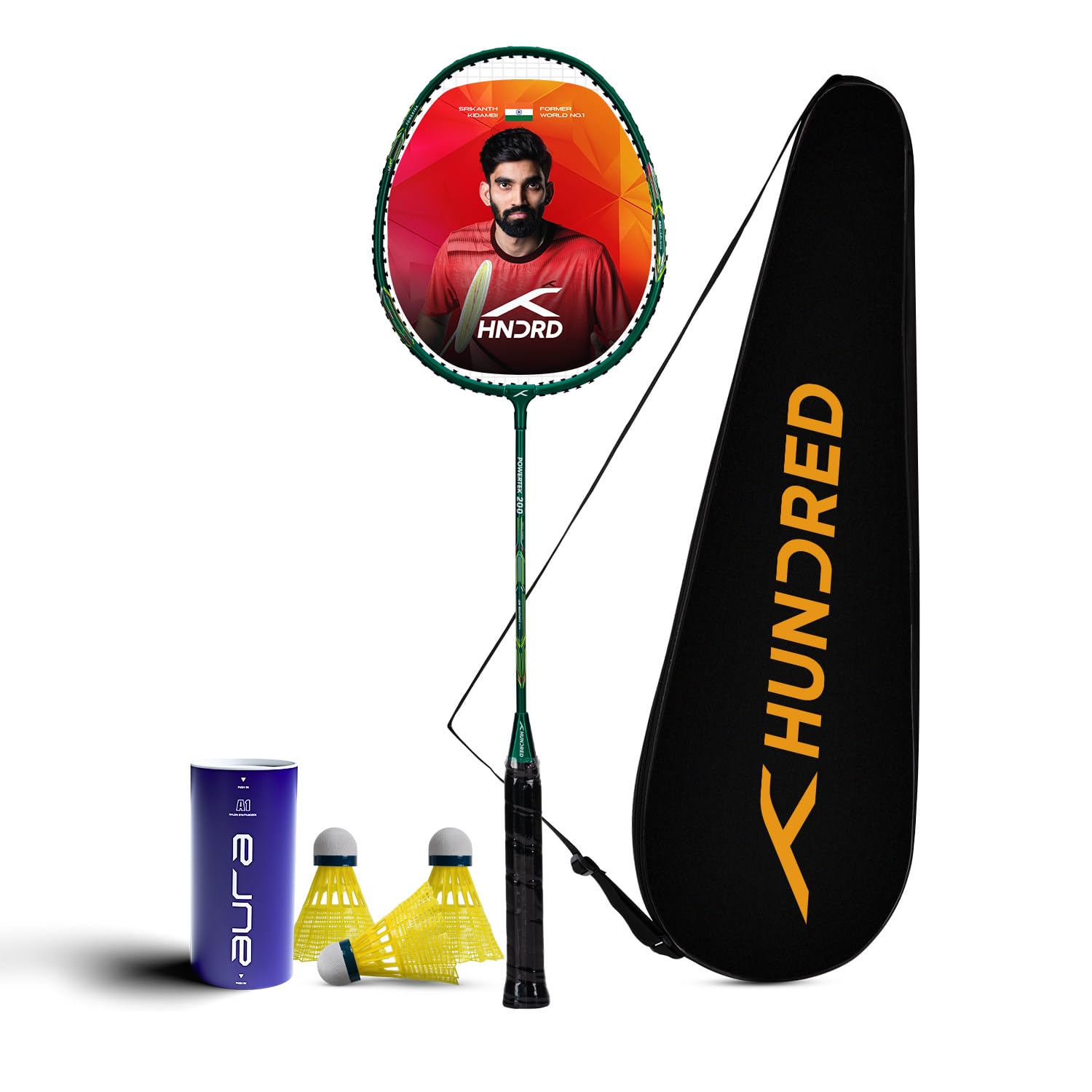 Hundred Powertek 200 Aluminium Badminton Racket Combo, 1 Strung Racket with Full Cover & 3 Aura Nylon Shuttlecocks, Lightweight Shuttle Bats for Match Play