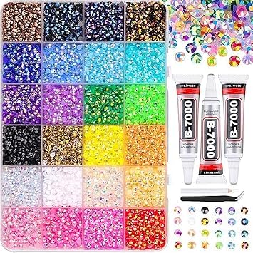 24000Pcs 24 Colors Resin Rhinestones Kit | 3mm Flatback Gems with 3Pcs B-7000 Jewelry Glue & Tweezers Gems for Diamond Art, Nail Art, Phone Case, Shoes, Scrapbook & DIY Crafts