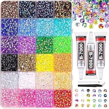 24000Pcs 24 Colors Resin Rhinestones Kit | 3mm Flatback Gems with 3Pcs B-7000 Jewelry Glue & Tweezers Gems for Diamond Art, Nail Art, Phone Case, Shoes, Scrapbook & DIY Crafts