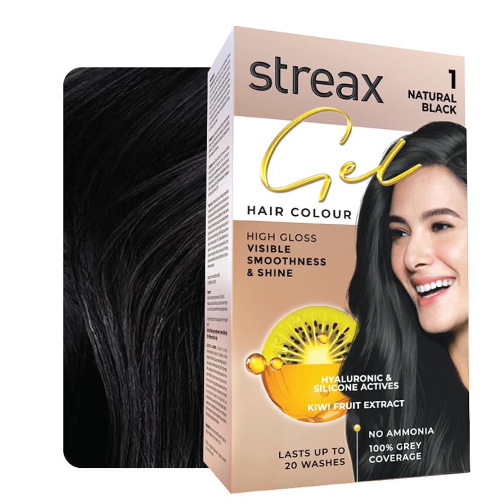 Streax Gel Hair Colour for Women & Men, Natural Black 1, 150 ml | Hair Colour Black| 100% Grey Coverage | Long Lasting Hair Color, Easy to Use | Ammonia-Free Hair Color, Lasts Up to 20 Washes