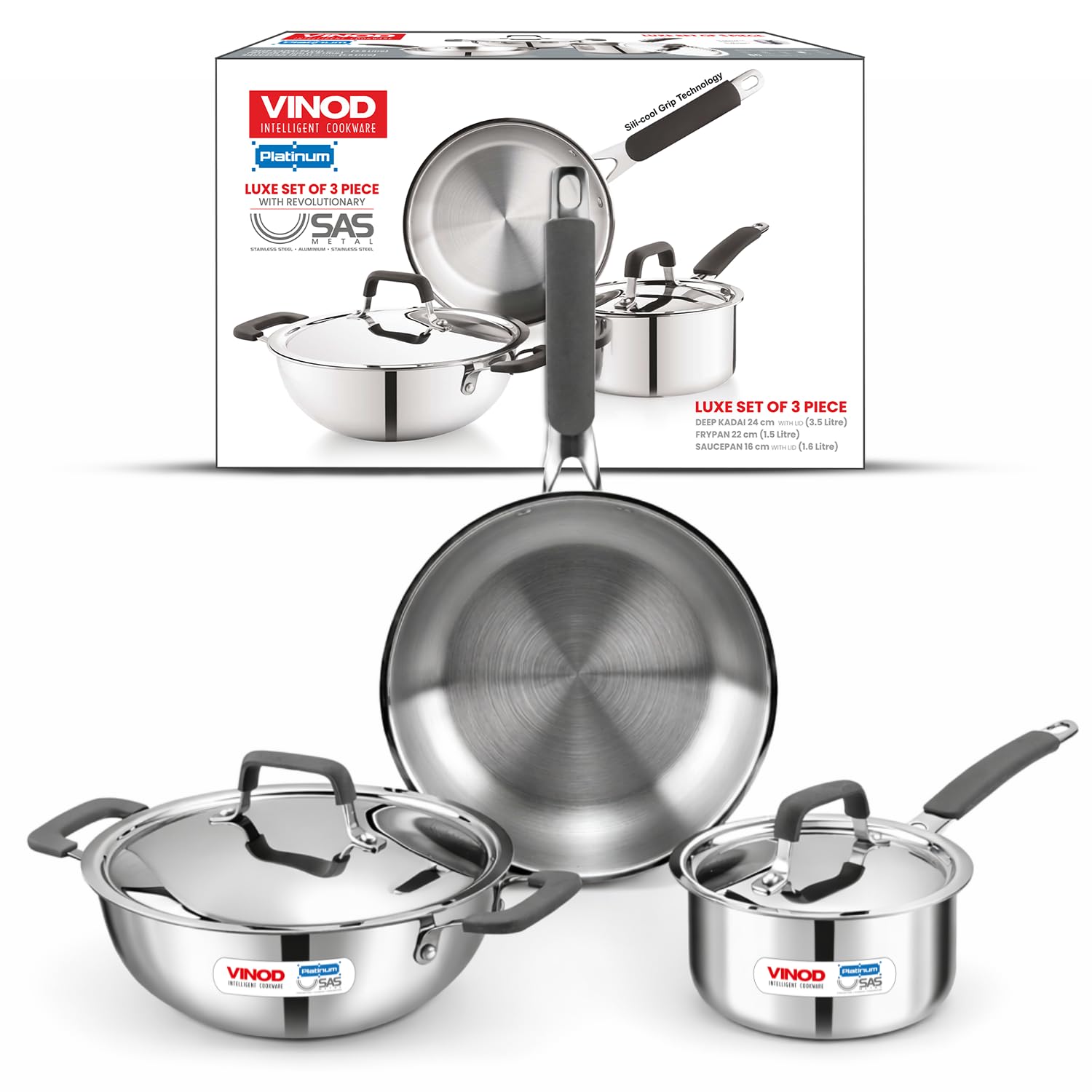 Vinod Luxury Edition Triply Stainless Steel Cookware Set 5 Pc | 24cm Kadai with Lid, 22cm Frypan, 16cm Saucepan with Lid | 2.5mm Thick | Induction & Gas Compatible | Cool Grip Handles | 100% Safe