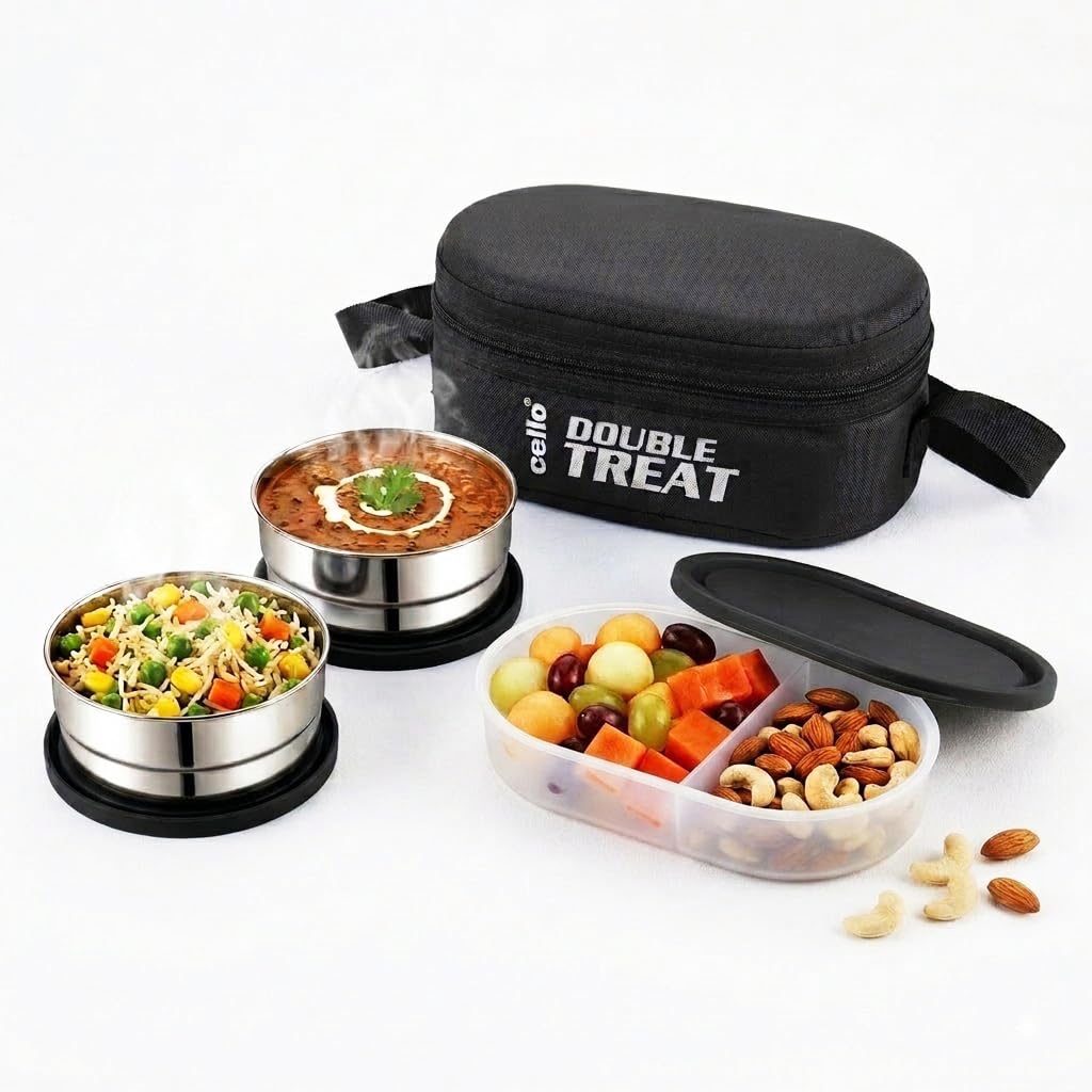 CELLO Double Treat Set of 3 Pcs Lunch Box for Office Use with Jacket Black | 2 x300ml Stainless Steel Containers, 1 x Oval Container | Lightweight Leakproof Airtight Tiffin Box Case For School & Travel