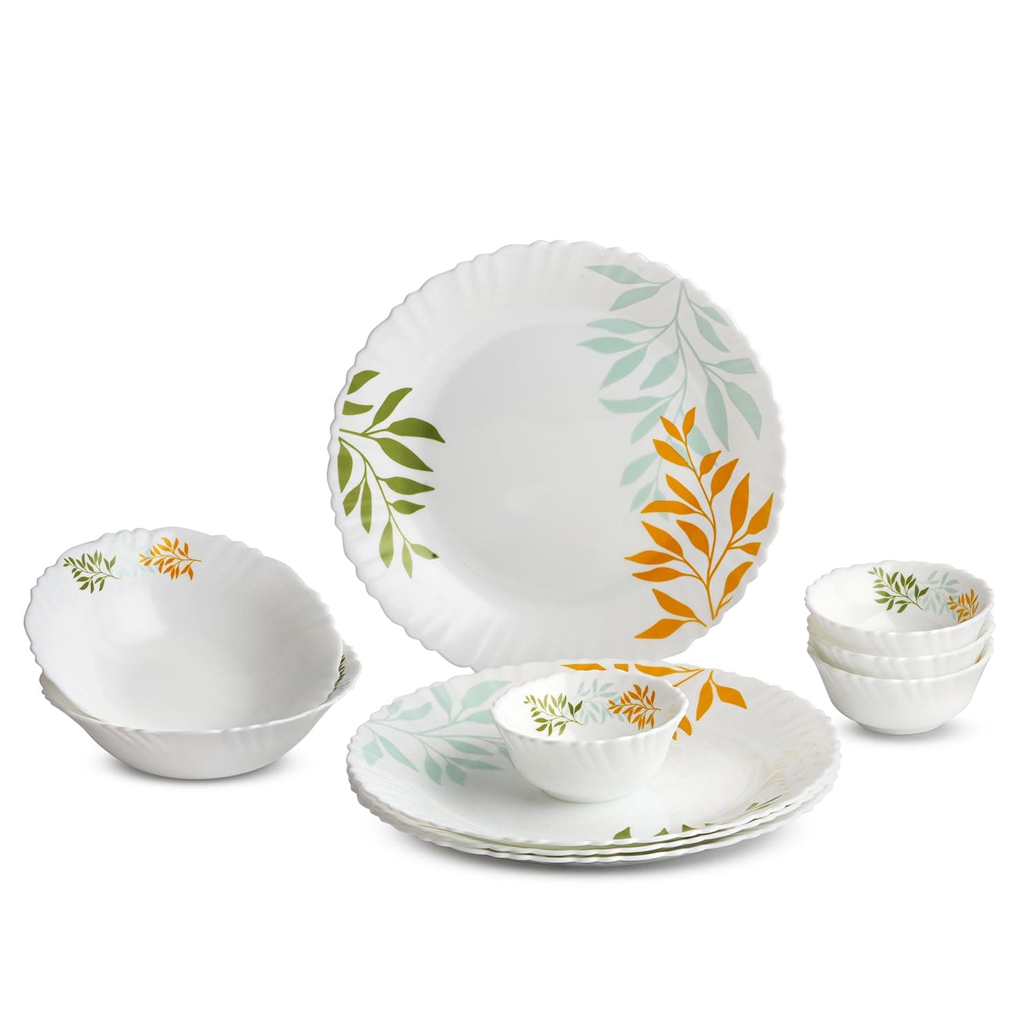CELLO Lush Foliage Dazzle Series Opalware Dinner Set of 10 Pieces for Family of 4 | Bone-Ash Free & Leadfree Opal Glass, Microwave & Dishwasher Safe Plates & Bowls Crockery Set for Dining & Gifting