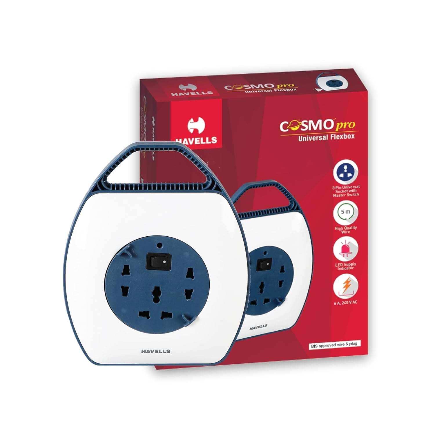 Havells Cosmo Pro 3+1 Reel | Extension Board - 5 Mtr ISI Marked Cable | 3 Pin & 2x2 Pins Universal Sockets with Master Switch | LED Indicator | 6A, 240 Volts | Ultra-Smooth Rotation