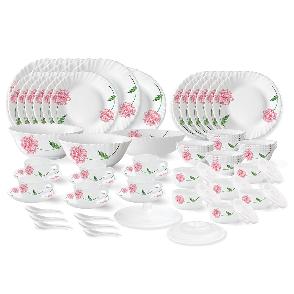 Larah by Borosil Red Mist Opalware Dinner Set (66 Pieces)