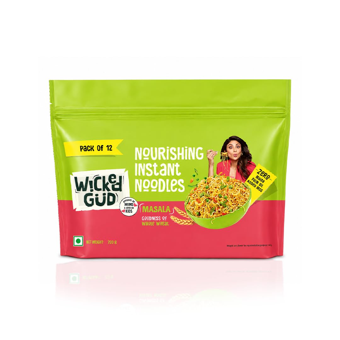 Wickedgud Whole Wheat Masala Noodles Jumbo Pack, No Maida, No Palm Oil, No MSG | 720 g (Pack of 12, 60 g each)