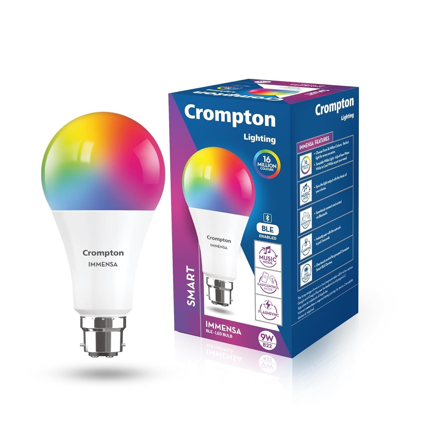 Crompton Immensa 9W Bluetooth Enabled Smart Bulb B22 | Bluetooth connectivity only | 16 million Colours | White Tunable & Dimmable | App-Control | Music Sync | Perfect light for all occasions | Pack of 1