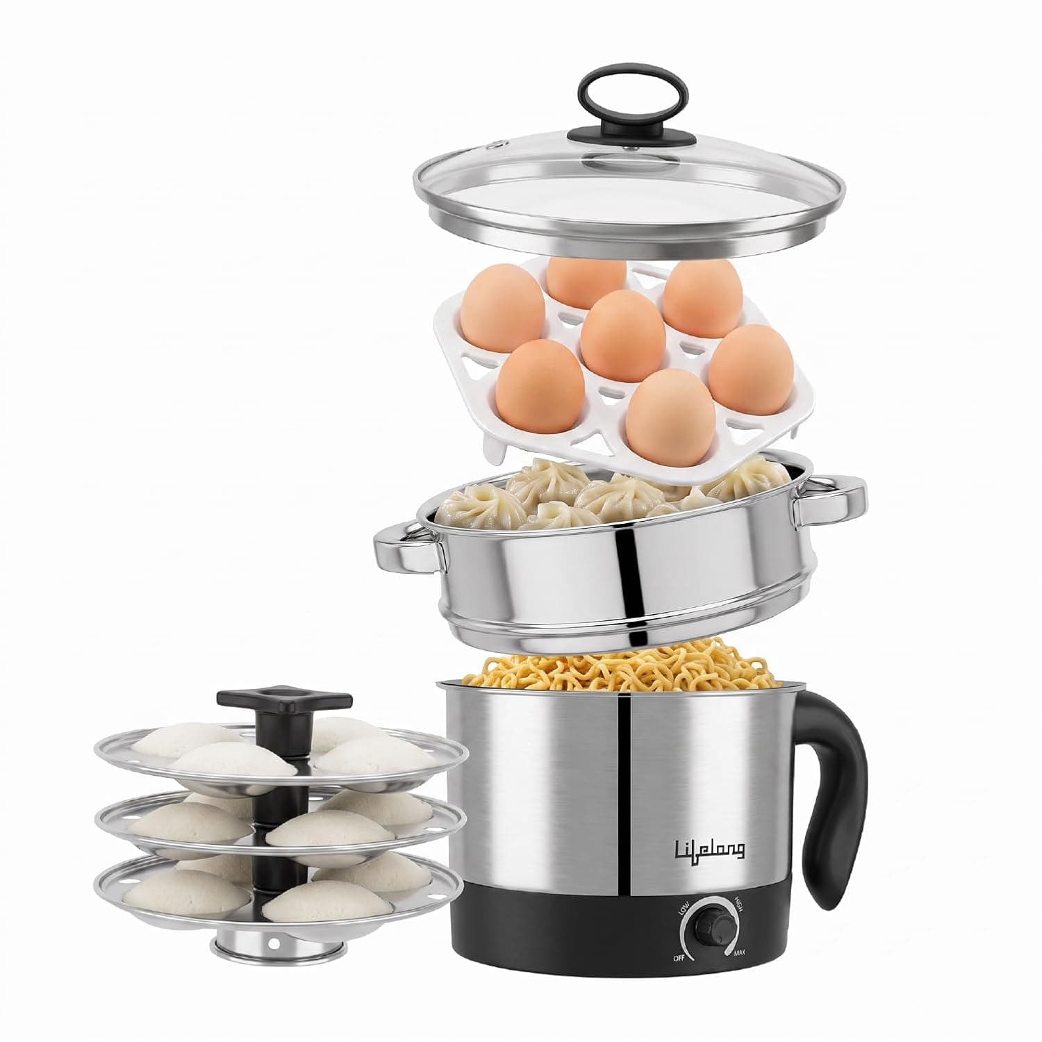Lifelong 1.5L 600W Multi Cook Kettle with Steamer & Idli Plates