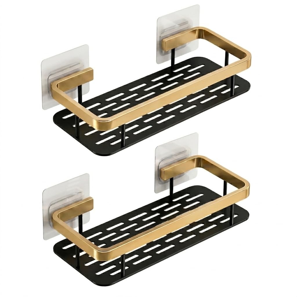 Arto Wall Mounted Shelf | Self-Adhesive Aluminium Rack for Bathroom & Kitchen | Drill-Free, Rustproof, Heavy Duty Holder | 13x30x5.5 cm | Black/Gold (POF-2)