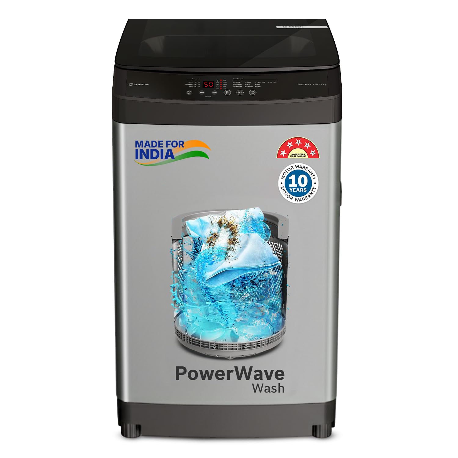 Bosch 7 kg 5 Star Fully Automatic Top Load Washing Machine,PowerWave Wash,Inbuilt Dual Lint Filter, Stainless Steel VarioDrum with 5 fin Pulsator, Water Save, Flex Drain, Dark Grey (WOE70AH0IN)