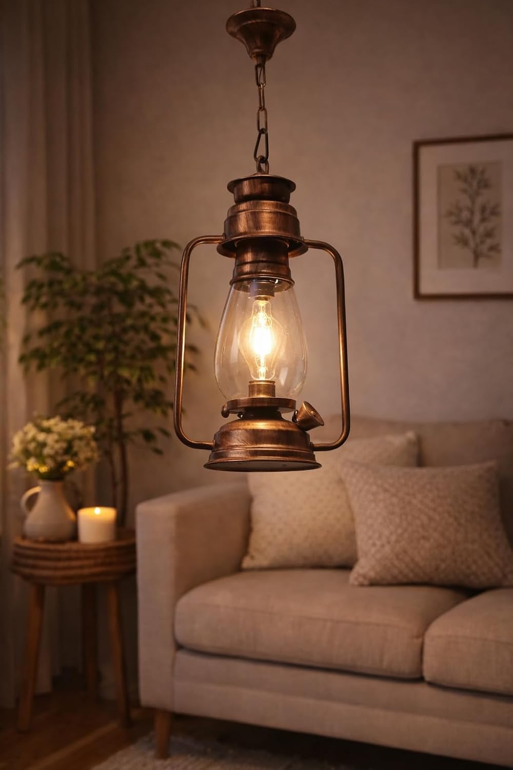 tu casa Transparent Glass Shade with Antique Gold Metal-Iron Base Hanging Lamps Lantern | Modern Pendant Ceiling Lamp for Home, Café, Restaurant, Bar & Office Décor (Height-22 Inch/No Blub)